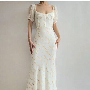 SABO STITCH Short Puff Sleeve Long Ivory Summer Maxi Dress Size US S
